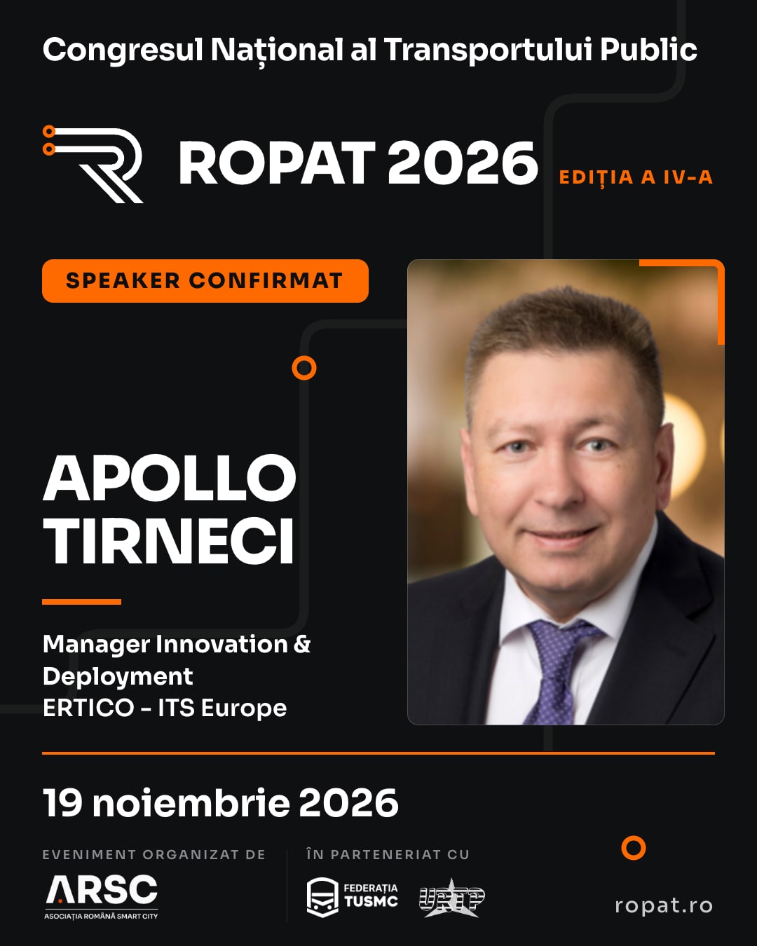 Apollo Tirneci, Manager Innovation & Deployment, ERTICO - ITS Europe, speaker confirmat la ROPAT 2026